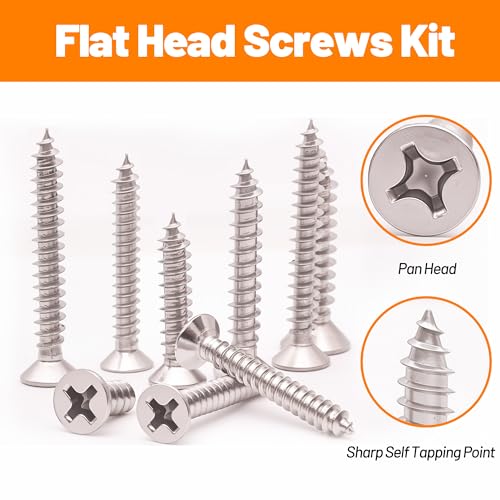 450-Piece Stainless Steel Wood & Sheet Metal Screw Assortment – #4 to #12 Phillips Flat Head Self-Tapping Screws (1/4" to 2") - size: 450PCS Silver