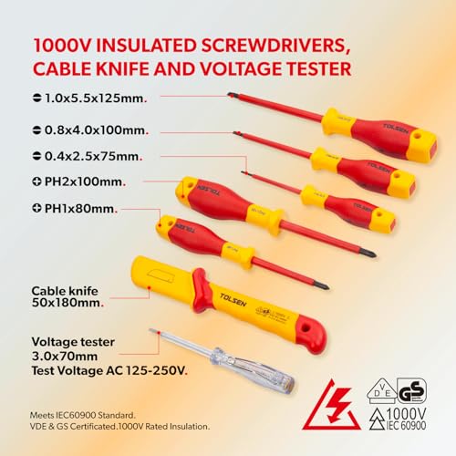 Tolsen 11-Piece VDE Insulated Screwdriver & Pliers Set for Electrician | VDE Insulated, 1000V Rated, Electrician Tool Set, Includes Cable Knife