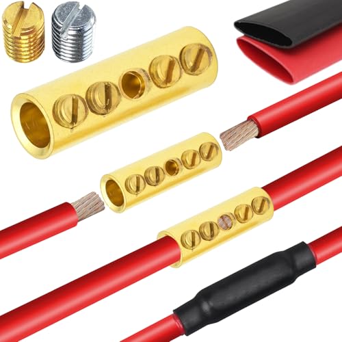 2 Gauge Wire Butt Connectors 6 PCS Brass Mechanical Butt Splice Connectors Kit 2 AWG Mechanical Repair Splice Kit Splice Screw Sleeves 6 PCS Mechanical Splices & 3:1 Heat Shrink Tubes - color: Bare Brass