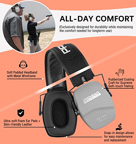 PROHEAR 016 NRR 26dB Shooting Ear Protection, Slim Passive Earmuffs - color: Grey
