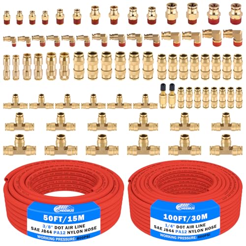 CheeMuii 76 Pcs Brass DOT Air Line Fittings with 1/4" & 3/8" DOT Air Hoses - size: 2ROLL-80PCS-RED