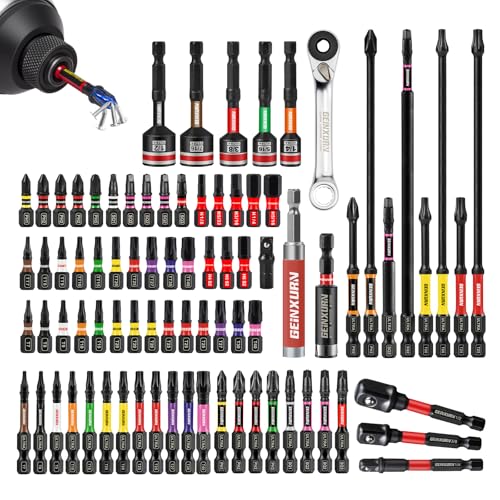 Geinxurn 82Pieces Impact Screwdriver Bits Set, Magnetic S2 Steel Phillips/Square/Torx/Hex Insert Power Bits Tips with Impact Bit Holder and Impact Nut Driver and Mini Wrench - size: Mixed-82Pcs-A