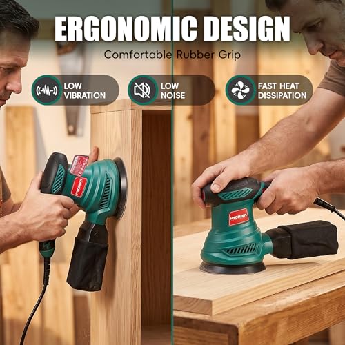 HYCHIKA 5-Inch Random Orbital Sander, 13000RPM Electric Palm Sander with 6 Variable Speeds, Powerful Motor, 12PCS Sandpapers and Efficient Dust Collection Bag, for Woodworking, Finishing and Polishing