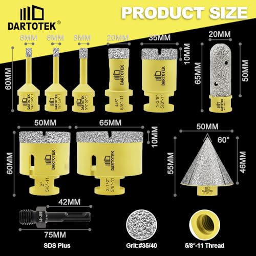 Diamond Core Drill Bits Set for Tile, DARTOTEK 10PCS Porcelain Hole Saw Kit with Aluminum Case, (6/6/8/20/35/50/65mm+2" Chamfer bit +SDS Adapter, Dry/Wet Drilling for Ceramic, Granite & Marble - size: set1