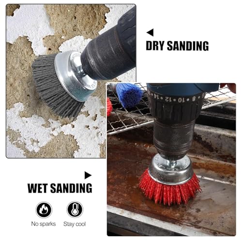 POLIWELL 9 Pack Nylon Filament Abrasive Wire Sanding Brush Wheel | Cup Brush Set Ideal for Grill Cleaning. Made of Drill Bit for Steel Rust Removing + 1/4” Hex Shank Flaking Paint Refinishing