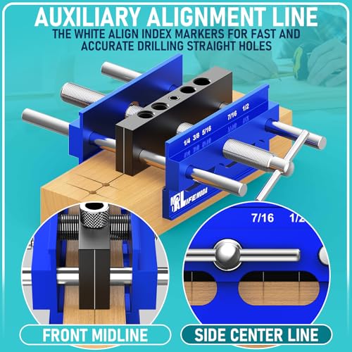 Upgraded 6.7 inch Self Centering Doweling Jig Kit, Drill Jig For Straight Holes Biscuit Joiner Set With 6 Drill Guide Bushings, Adjustable Width Drilling Guide Tool Accessory Jigs (Blue) - size: Large
