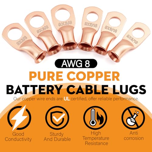 40PCS (8 AWG-3/8(M10) 5/16(M8)) Battery Cable Copper Wire Lugs Ends,Battery Terminal Connectors with pcs 3:1 Heat Shrink Tubing (Red & Black) kit - color: AWG-8