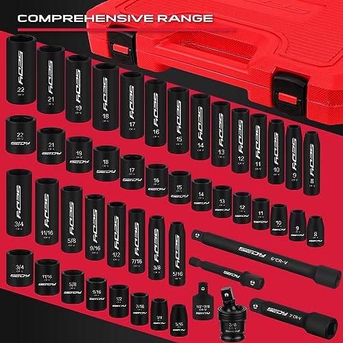 3/8" Drive Impact Socket Set - 49-Piece SAE (5/16 to 3/4 inch) and Metric (8-22mm) Sizes with Extension Bars and Universal Joint Standard & Deep CR-V Material for High Durability Impact Wrench - style: 3/8" | 49-Piece Standard & Deep