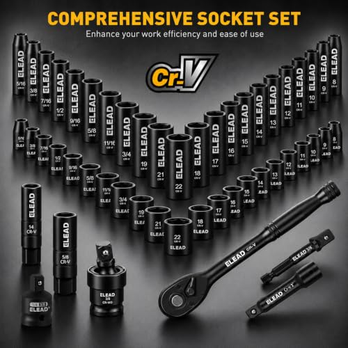 ELEAD 148-Piece Mechanics Tool Set, SAE/Metric 1/4" & 3/8" Drive Socket Set, Magnetic Nut Drivers, Ratcheting Wrenches, Extensions & Adapters, Quick-Release Ratchet, Mechanics Tool for Car Repair - color: 148pcs Mechanics Tool Set Yellow