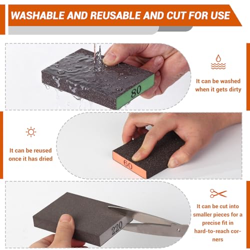 INBOF 12 Pack Sanding Block, 60/80/120/220 Grit Sanding Sponge, Washable and Reusable Sandpaper Block, Sandpaper for Wood and Drywall, Sand Paper for Wood Furniture and Wall Repair