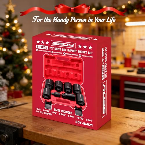SAE Deep Impact Socket Set 8-Piece 1/2-inch Drive Wheel Axle Nut Wrench Large Sockets Standard Adapter 1-11/16 1-9/16 1-3/8 1-7/16 1-1/2 1-5/8 1-3/4 Imperial Spindle Joint Torque Bearing Locknut Truck - style: 1/2" | 8-Piece SAE Jumbo