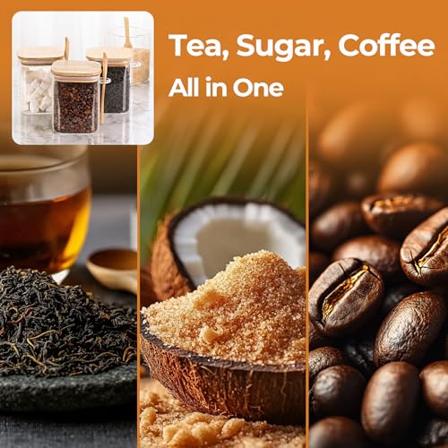 ComSaf Glass Container with Spoon & Lid 0.8 Qt, 4 Pack Glass jar with spoon | Coffee and Sugar Container Set, Coffee Bar, Salt Jar, Bamboo Lid with Silicone Seal, Spice, Seasoning Canister, BPA Free - size: 0.8Qt*4