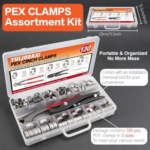130Pcs 304 Stainless Steel PEX Pinch Clamp Kit with Crimper Tool