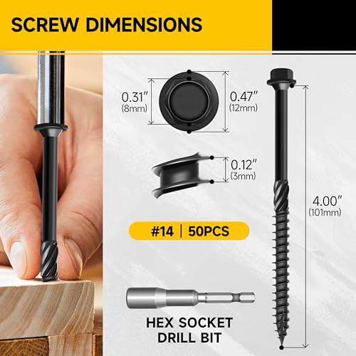50Pcs 4 Inch Wood Screws, #14 x 4 Heavy Duty Outdoor Wood Screws Assortment Kit Deck Screws, Black Timber Screws Lag Bolts, Hex Socket Included Hex Head Log Landscaping Black Long Screws By Mywish - size: #14 x 4"
