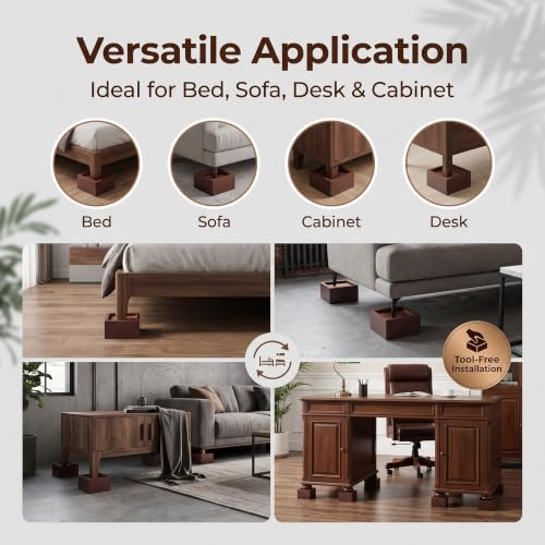 Lufia 2 Inch Solid Pine Wood Furniture Risers Set of 4,Heavy Duty Silicone Non Slip Lift Blocks for Bed Sofa Desk Cabinet - color: Dark Brown - 4-pack, size: 2 Inch