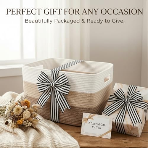 JMvicyroam 65L Large Woven Cotton Rope Blanket Basket, White&Brown - color: White&Brown, size: 65L