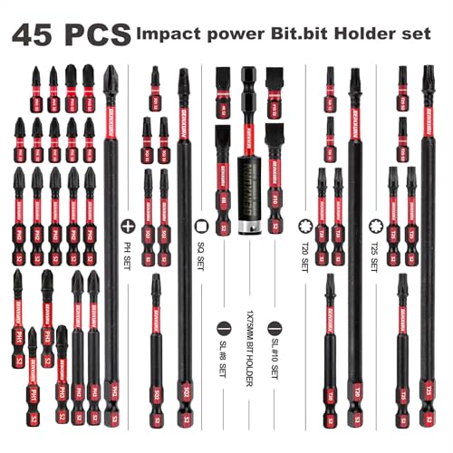 GEINXURN Impact Tough Magnetic Mixed 45Pack Insert Driver Bits, S2 Alloy Steel Screwdriver Power Bits Set with 1Pcs Impact Magnetic Bit Holder - size: MIXED-45PC