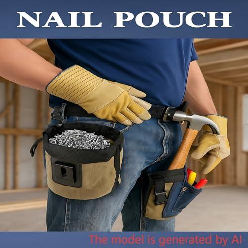 Waxed Canvas Nail/Screw Pouch, Tool Pouch with Belt Clip, 5 x 5 x 8 Inch Rounded Bolt Bag with Stand up Base Metal Clip on Organizer, Nail Pouch Suitable for Carpenters, Electrician, Carpenter - color: Green