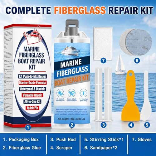 Marine Fiberglass Repair Kit for Boats, Gel Coat Repair Kit with Waterproof Epoxy Filler, Boat Fiberglass Repair Kit to Fix Holes, Chips, Deep Cracks & Scratches, White, Above-Waterline Use