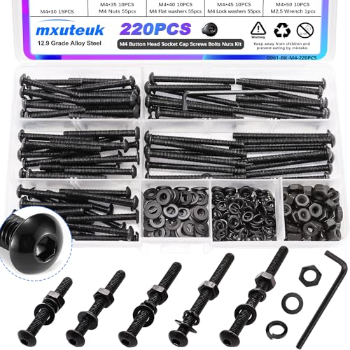mxuteuk 220PCS M4 Screws Assortment Set,M4 x 30/35/40/45/50mm Hex Socket Head Cap Screws Bolts Nuts Kit,12.9 Grade Alloy Steel M4 Bolts with Hex Wrench - size: 220PCS M4 x 30/35/40/45/50mm