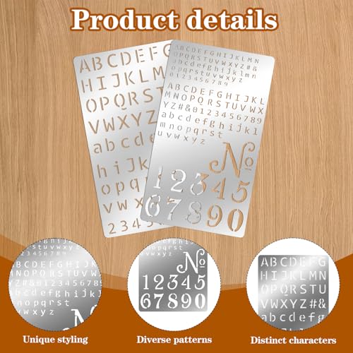 Metal Stencils for Wood Burning, 2 Pcs Stencils for Engraving Pen & Wood Burning, 4x7 Inch Reusable Alphabet Number Font Templates for Metal Leather Glass DIY Crafts