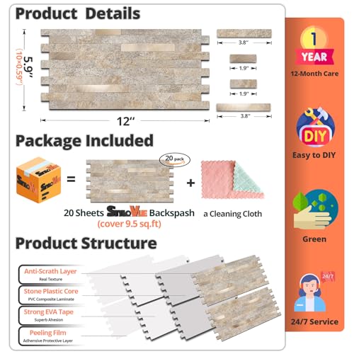 StyloVue 20 Sheets Peel and Stick Backsplash, Dark Beige with Metal Gold Look PVC Wall Tiles Upgrade Your Kitchen Backsplash, RV, Fireplace - color: Dark Beige With Metal Gold