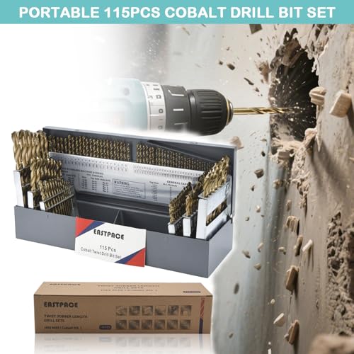 115Pcs M35 Cobalt Drill Bit Set, Twist Jobber Drill Bit Kit for Stainless Steel, Hard Metal and Wood Plastic with Indexed Metal Case (A-Z, 1-60,1/16 Inch-1/2 Inch) - size: 115Pcs Cobalt Drill