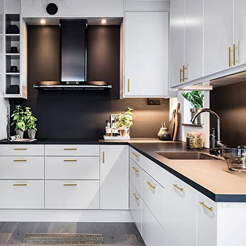Plustool 30Pack 3''Hole Centers Gold Cabinet Handles-Brushed Brass Cabinet Pulls Gold Dresser Drawer Pulls-Stainless Steel Door Hardware for Kitchen Bathroom Bedroom Furniture-5''Overall Length - color: Gold