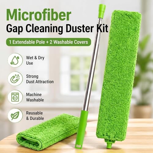 Retractable Gap Dust Cleaner Under Appliance Cleaning Tool, Flat Duster for Under Refrigerator Fridge Stove Couch Bed, Skinny Thin Duster for Tight Spaces (Green) - color: Green