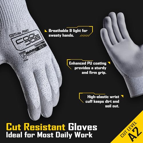 COOLJOB 12/120 Pairs Cut Resistant Work Gloves PU Coating, ANSI A2 A4 A6 A9 - size: Large (Pack of 12)