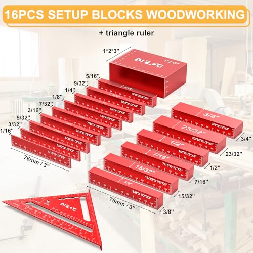Setup Blocks Woodworking, Setup Blocks Height Gauge Set, 16 PCS Setup Blocks with Set Up Blocks for Woodworking, Case, Square Ruler, Aluminum Setup Bars for Router and Table Saw Accessories - style: Measurement