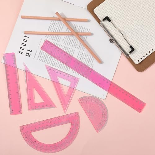 Tenare 6 Pcs Math Geometry Ruler Set, Protractor Triangle School,Pink - color: Pink