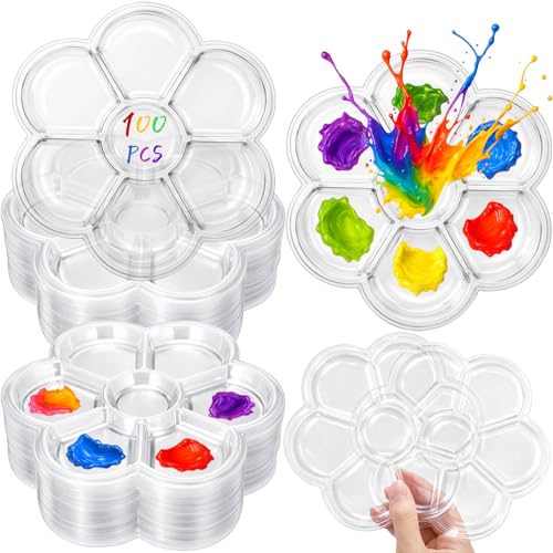 100 Pcs Large Clear Plum Blossom Paint Tray Palette Disposable Watercolor Palette Acrylic Paint Pallet Color Mixing Tray for Painting Party Oil Watercolor Craft Supplies DIY Art Painting - style: Plum Blossom 7 Square