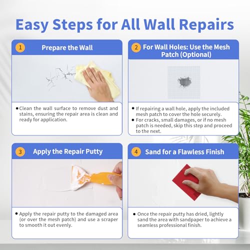 YKF Drywall Repair Kit, 18 oz Ready to Use Quick Dry Wall Repair Paste with Scraper and Self-Adhesive Mesh, White Spackle Putty for Small Holes, Nail Holes, Dents and Cracks