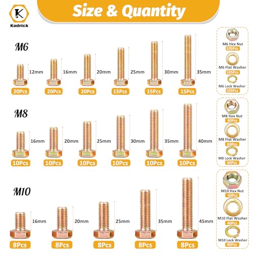Kadrick 820Pcs Grade 8.8 Metric Bolt Assortment, M6 M8 M10 Hex Heavy Duty Bolts and Nuts Kit,M6 x1.0 M8 x1.25 M10-1.5 (12mm to 45mm),Yellow Zinc Plated - size: 820Pcs M6-M10 HEX Yellow