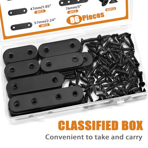 mankk 86PCS Black Straight Flat Metal Bracket Mending Plates Stainless Steel Flat Brace Brackets Fixed Connecting Plate for Wood Repair Fixing - color: Black