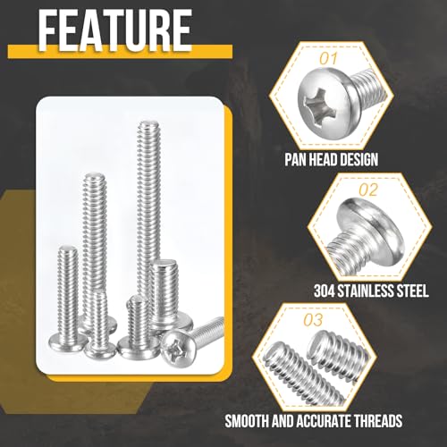DTGN 1/4"-20 Pan Head Machine Bolts Assortment Kit 304 100pcs | Phillips Pan Head Bolt Assortment Kit with Wrench,304 Stainless Steel,Fastener For Machinery Furniture - size: 1/4"-20