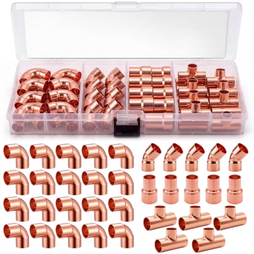 Yaocom 35 Pcs Copper Pipe Fittings Kit, 3/4" to 1/2" Plumbing Fitting Assortment with Copper Elbows, Brass Tee, Reducers and Couplings, Lead-free Sweat Solder Pipe Fittings for Residential Commercial