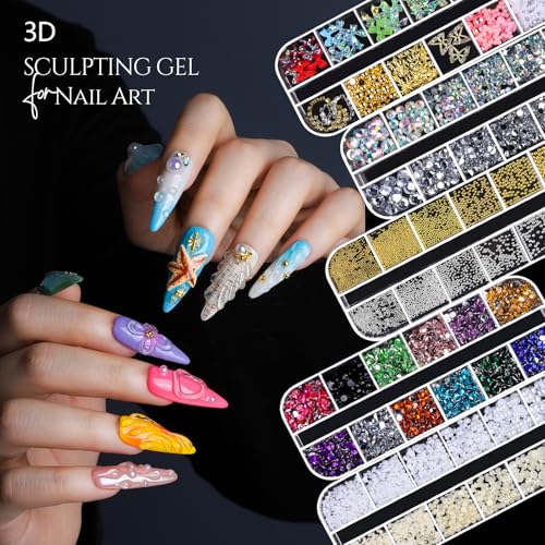 FANDAMEI 3D Gel Kit, 15g 3D Nail Sculpting Gel, 5 Box Nail Pearls Charms and Gems Clear&AB Nail Rhinestones, Metal Nail Beads&Gold Silver White Pearl Chrome Powder for DIY Manicure, UV/LED Lamp Needed