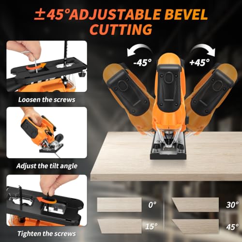 Cordless Jig Saw, Jigsaw Saw with 2×2.0Ah Batteries and Charger, Power Saber Saw Tool with LED Light, 0-45° Bevel Cuts & 4 Orbital Sets, Electric Curve Saw for Straight/Curve/Circle Cutting