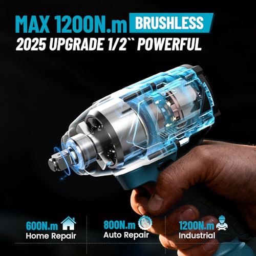 1000Nm(738ft-lbs) Cordless Impact Wrench High Torque, 1/2 Power Battery Impact Gun w/ 2x 4.0Ah Battery, Fast Charger, 5 Sockets, Storage Tool Box & Variable Speeds for Car Tire Truck RV Mower