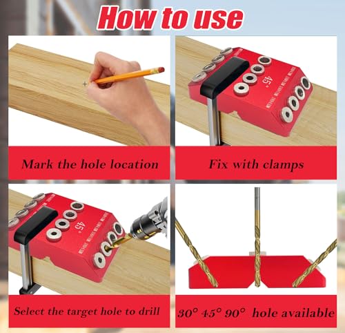 30 45 90 Degree Angle Drill Guide Jig with 4 Drill Bits for Angled/Straight Holes, 4 Sizes Aluminum Drill Hole Guide Jig Drill Template Block for Cable Railing Deck Stair Handrail