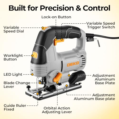 DEKO Electric 800W Jigsaw Tool Power Jig Saws for Woodworking, Wood Cutter Hand Tool with 6 Variable Speed,LED Light