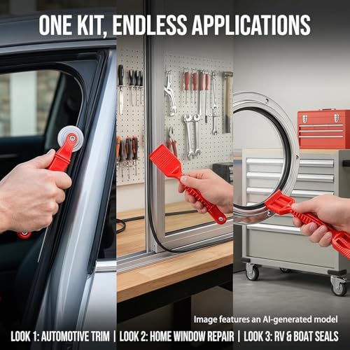 2-Pack Red Rubber Seal Install Tool Kit – Includes Screen Roller & Glazing Shovel, Weather Stripping Roller Set for Car Door, Windshield, Boat, RV, Window Screen & Door Seam Repair