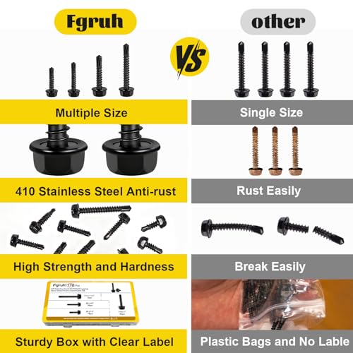 170Pcs #8#10 Black Self Tapping Screws for Metal, #8x1/2'' 3/4'',#10x1'' 1-1/2'' Hex Washer Head Self Drilling Screws Assortment Kit, 410 Stainless Steel Sheet Metal Screw - size: 170pcs #8#10 Black