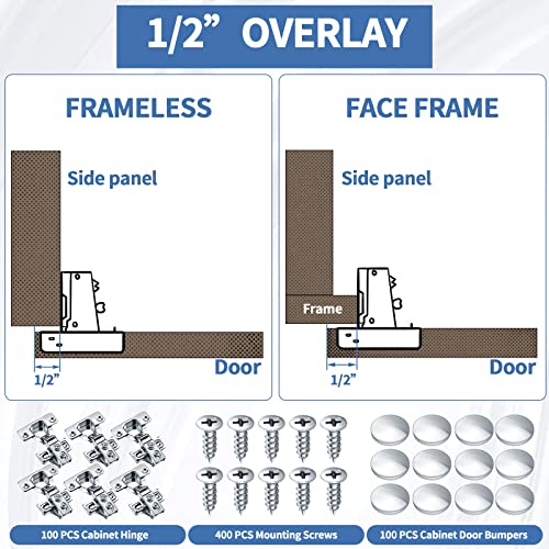 Chumia 100 Pack 1/2 Inch Soft Closing Cabinet Hinges for Kitchen Partial Overlay Kitchen Cabinet Door Hinges 105 Degree Concealed with Mounting Screws for Frameless Face Frame Door