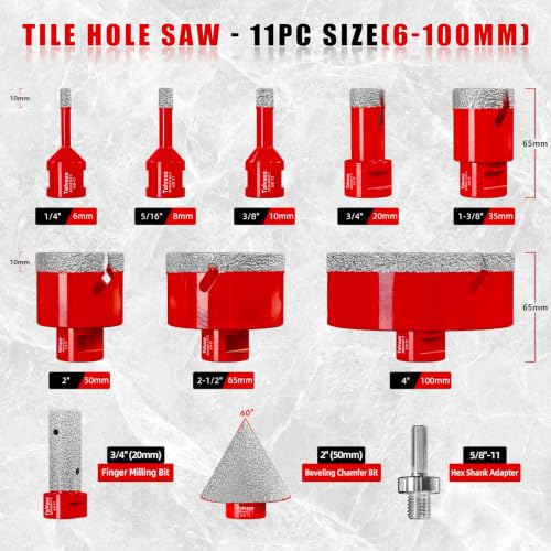 Diamond Hole Saw Kit, Tile Hole Saw Kit Vacuum Brazed 11Pcs (1/4"-4") - size: 6/8/10/20/35/50/65/100MM/2"/20MM