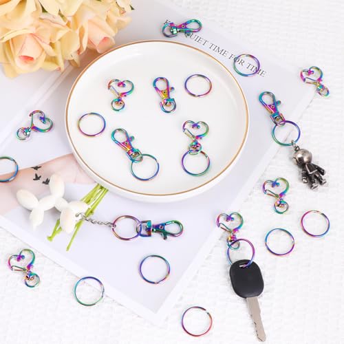 40 PCS Rainbow Swivel Clasps with Split Key Rings-Heart Snap Hook - color: Rainbow Clasps Keychain -20sets
