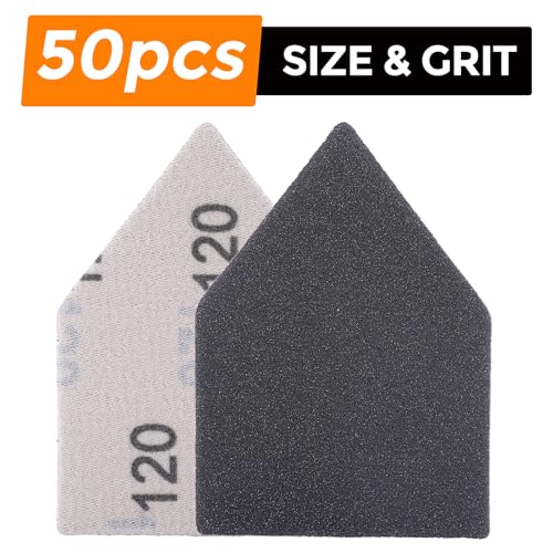 POLIWELL Silicon Carbide Sandpaper 50-Piece Pack 90mm x 65mm 120 Grit Triangle Sanding Sheets with Hook & Loop Fastening Replacement for Milwaukee M12 Orbital Detail Sander Accessories - size: 120 Grit