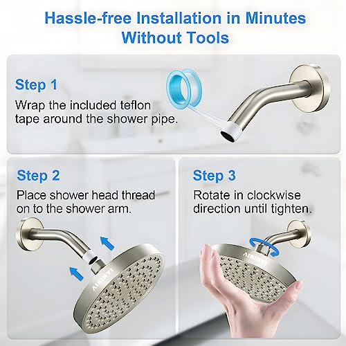 6" Rain Shower Head & 6" Shower Arm, Luxury Brushed Nickel Finish - color: Brushed Nickel, size: 6 Inch Round (1 PCS + Shower Arm)